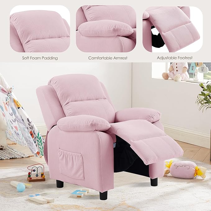 Ulax furniture Corduroy Kids Recliner Chair, Toddler Armrest Sofa Couch, Ergonomic Adjustable Lounge Sofa with Footrest, Padded Backrest, Storage Arms, Pink Recliner for Girls and Boys-Ruum Studio Home