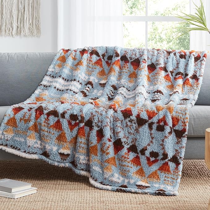 CASAAGUSTO Boho Sherpa Blanket,Teal Aztec Twin Blanket, Ultra Soft, Warm, Cozy, Plush, Thick Fleece Western Blanket for Couch, Bed, Sofa (Blue Grey 60 * 80 Inch)-Ruum Studio Home