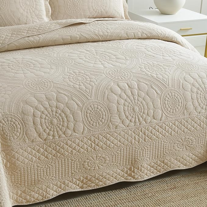 MarCielo 3-Piece 100% Cotton Oversized Bedspread Lightweight Quilt Coverlet Embroidery Farmhouse Bedding (Tf Khaki Beige, Oversized Queen (100"x106"))-Ruum Studio Home