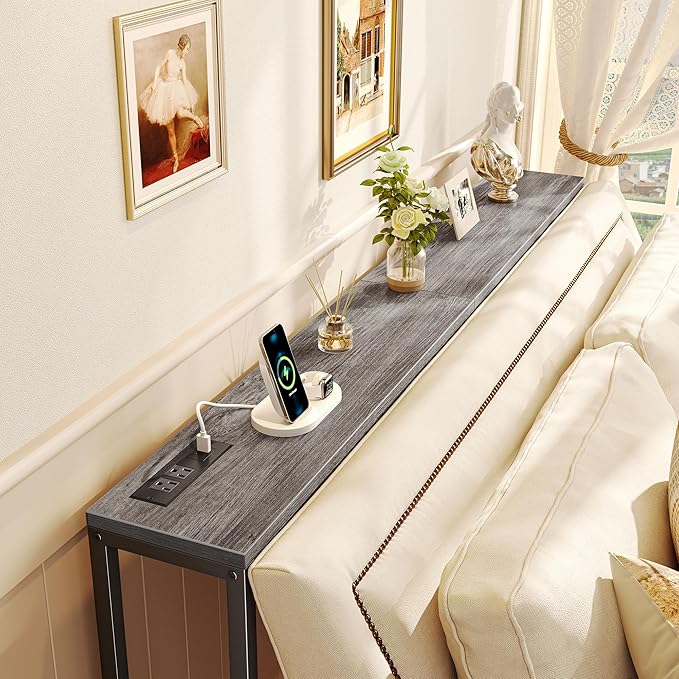 SUPERJARE Console Table with Outlet, 63 Inch Sofa Table with Charging Station, Narrow Hallway Entryway Table, Behind Couch Table Skinny for Entryway, Living Room, Plants, Charcoal Gray-Ruum Studio Home