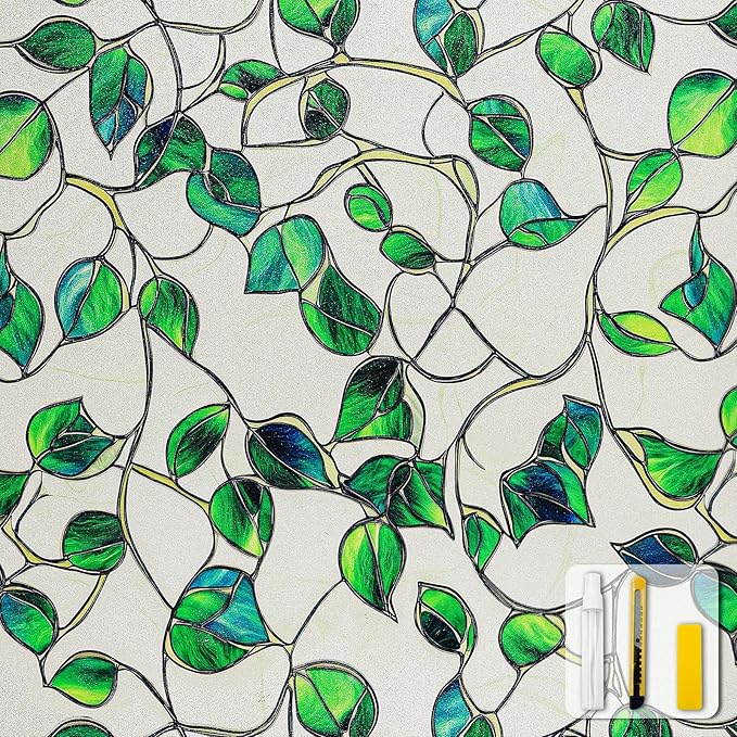 Window Privacy Film Stained Glass Decorative Static Clings Frosted Window Tint for Home Room Decor Bathroom Door Car Stickers with Glittering Effect, Removable(Blue & Green pothos Botanical)-Ruum Studio Home