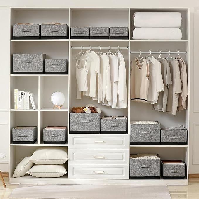 linen closet organizers and storage, 3 Pack Large Storage Baskets, Washable, Clothing Storage Bins with Handle, Closet Organizer for Storage Sweater,Sheets (gray black, 16"x9½"x6¾")-Ruum Studio Home