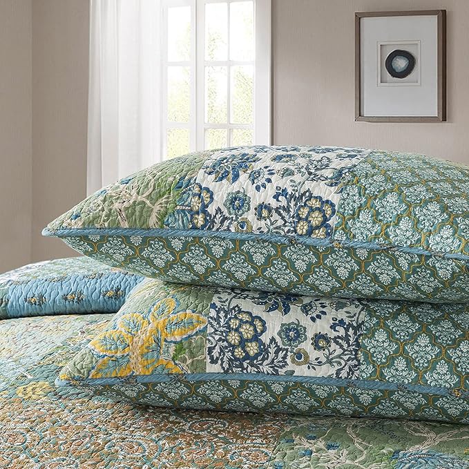 NEWLAKE Cotton Patchwork Bedspread, 3-Piece Bedding Quilt Set with Real Stitched Embroidery, Reversible Matelasse Bed Coverlet Set,Green Farmhouse Garden,King Size-Ruum Studio Home