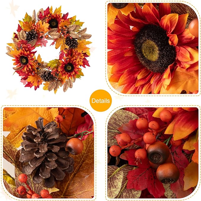 Glitzhome 24''D Fall Wreath with Hanger, Artificial Autumn Wreath for Front Door with Sunflower, Pinecone and Berry, Harvest Wreaths Decor for Indoor Outdoor Holiday Decoration-Ruum Studio Home