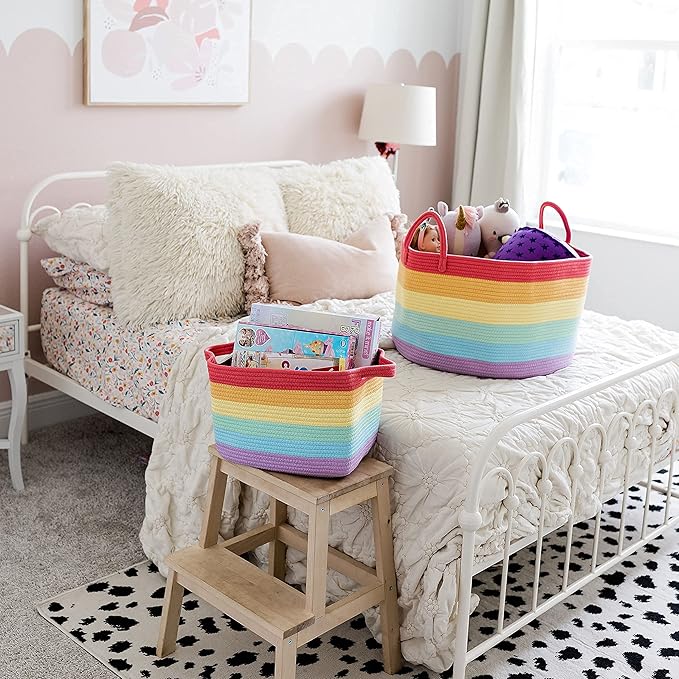 OrganiHaus Large Blanket Basket for Living Room 20x13, Rainbow Rope Basket for Classroom Organization, Toy Storage Basket, Woven Kids Laundry Basket, Baby Toy Box, Cute Storage Basket, Nursery Hamper-Ruum Studio Home