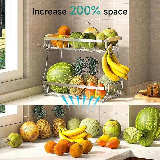 2 Tier Fruit Basket for Kitchen Counter with 2 Banana Hangers, 2025 Pro Detachable Metal Fruit Bowl with Wooden Handle,Fruit Holder for Bread Snack Veggies, Silvery-Ruum Studio Home