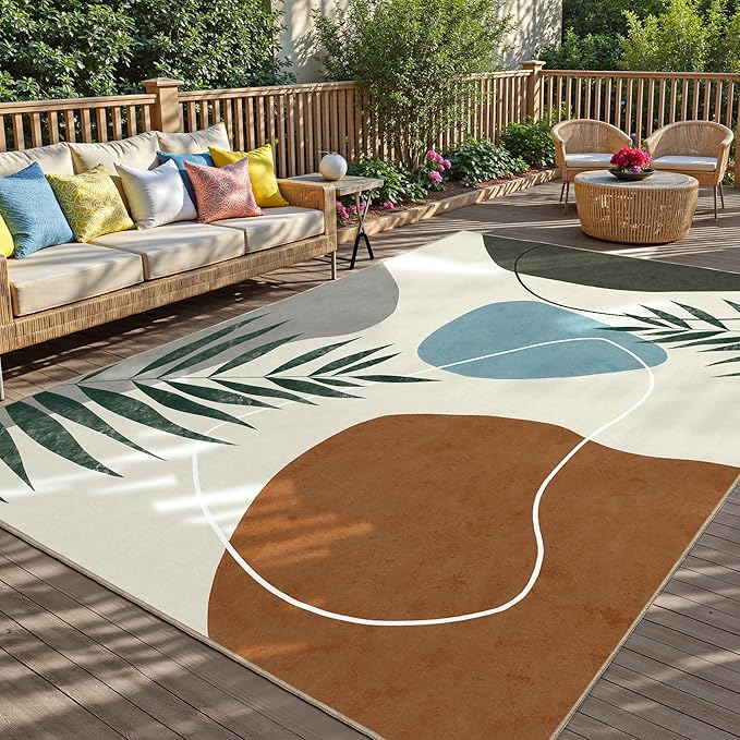 Indoor Outdoor Area Rug, Mid Century Outdoor Patio Rug, Washable Abstract Art Leaves Eucalyptus Rugs, Non-Slip Carpet for Camping, Living Room, Bedroom, Deck(5x8)-Ruum Studio Home