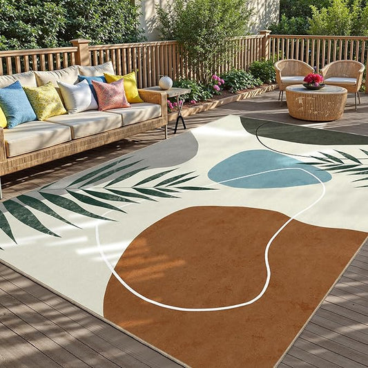 Indoor Outdoor Area Rug, Mid Century Outdoor Patio Rug, Washable Abstract Art Leaves Eucalyptus Rugs, Non-Slip Carpet for Camping, Living Room, Bedroom, Deck(8x10)-Ruum Studio Home