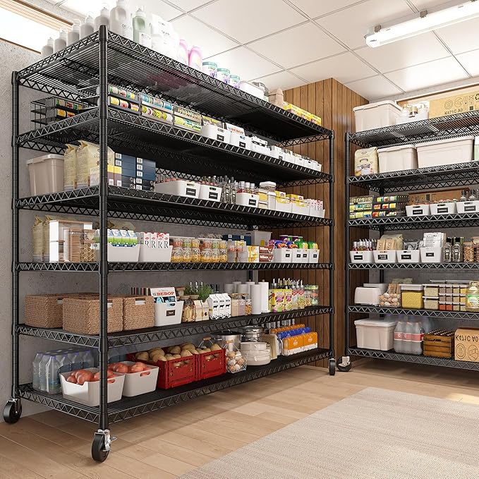 REIBII 60''W X 82.6" H Steel Heavy Duty Wire Shelving Unit with Wheels, 6-Tier Adjustable Storage Shelves 3598LBS Commercial Metal Shelves for Pantry, Garage, College Dorm Industrial Shelving, 2 Pack-Ruum Studio Home