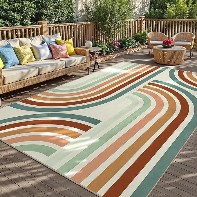 Indoor Outdoor Area Rug, Mid Century Modern Multicolored Outdoor Patio Rug,Washable Abstract Art Rainbow Rugs Non-Slip Carpet for Camping, Bedroom, Deck(8x10)-Ruum Studio Home