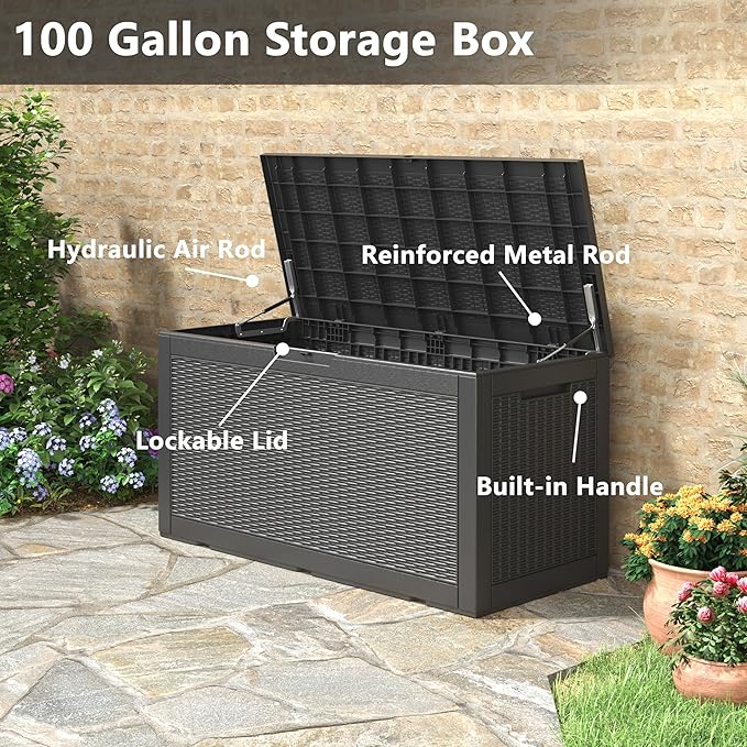 KAMABOKO 101 Gallon Waterproof Large Resin Deck Box, Lockable Large Outdoor Storage Boxes Indoor Outdoor Storage Container for Patio Cushions, Gardening Tools, Pool Supplies, Black-Ruum Studio Home