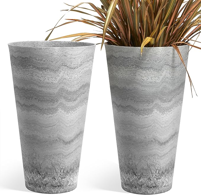 Worth Garden 2-Pack Grey Matte Texture Round Tapered Planter - 24.5" H. Tall Plastic Plant Pots with Drain Hole for Indoor Outdoor - Modern Decorative Flower Pots for Front Porch, Patio, Deck-Ruum Studio Home