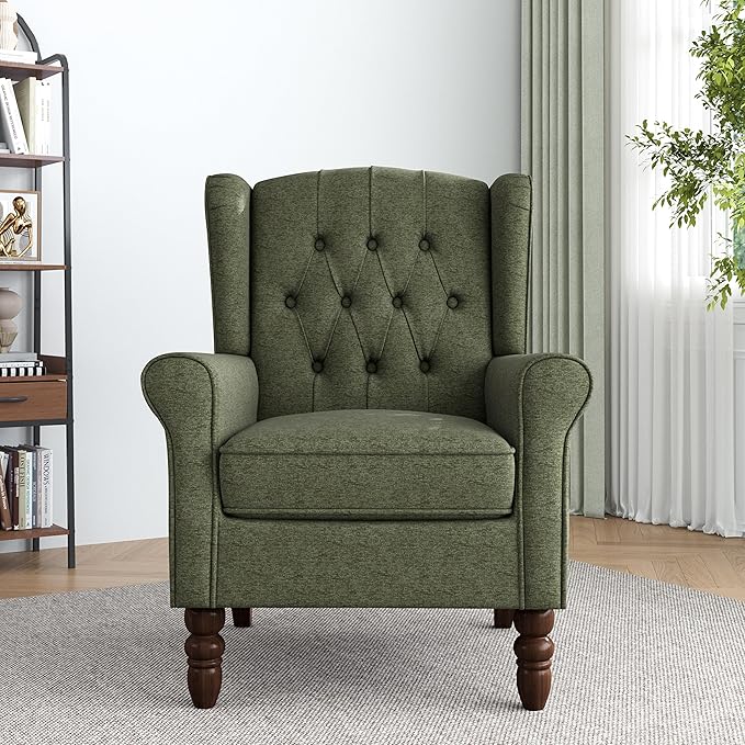 Lumibee High Back Accent Chair,Upholstered Wingback Armchair with Solid Wood Legs for Small Spaces,Comfy Single Sofa Chair for Living Room,Bedroom,Office-Green-Ruum Studio Home