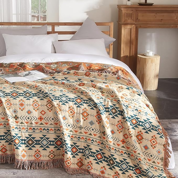 Boho Throw Blanket for Couch Sofa Bed, 100% Cotton Woven Quilt with Tassel 80”x90”, Super Soft Muslin Blanket with Patchwork Printed, Decorative Reversible Bed Blanket/Cover for All Seasons-Ruum Studio Home