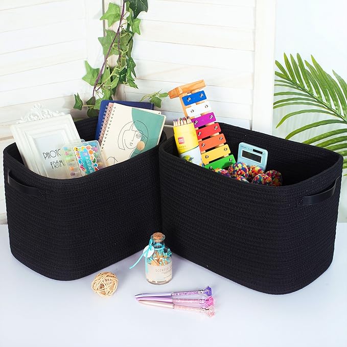 MINTWOOD Design 3-Pack Storage Baskets for Shelves, Decorative Baskets for Organizing, Woven Baskets for Storage, Book Basket Cube Bin Box, Pantry Closet, Shoe Organizer, Black / Black-Ruum Studio Home