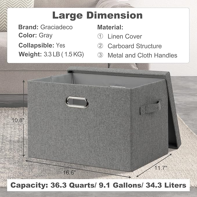 Large 17" 36 Quart Collapsible Stackable Storage Bins with Lids, 3 Packs Grey Linen Fabric Closet Boxes with Lids, Storage Cube Baskets Container Organizers for Bedroom Office(17 x12 x11)-Ruum Studio Home