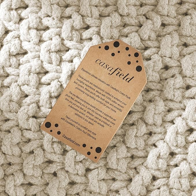 Casafield Square Pouf Ottoman, Natural - 18.5" W x 18.5" D x 14.5" H Cotton Knit Foot Stool - Boho Floor Pouffe for Living Room, Bedroom, Home Office-Ruum Studio Home
