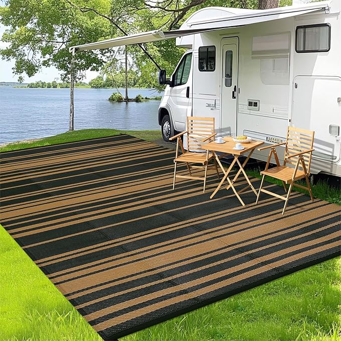 Outdoor Patio Rug 9x12 Stain-Resistant Reversible Camping Mat, Modern Striped Outdoor Plastic Straw Rug, Waterproof Outside Carpet, Easy to Clean for RV, Porch, Deck, Balcony, Black Brown-Ruum Studio Home