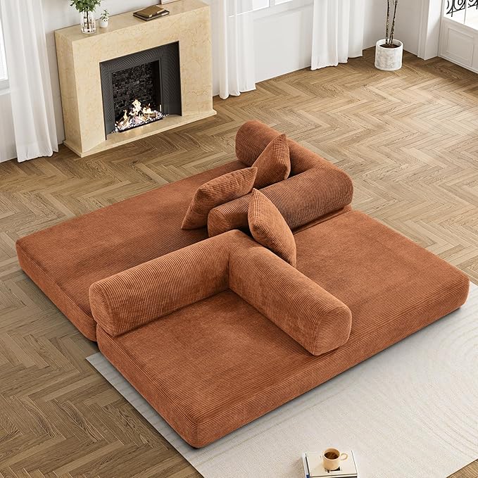 Convertible Sleeper Sofa Bed with Pillow, 4-in-1 Corduroy Folding Mattress Couch with Fixed-Shape Frame, Futon Fold Out Floor Sofa Cama Lounge Couch for Living Room Bedroom, Orange-Ruum Studio Home