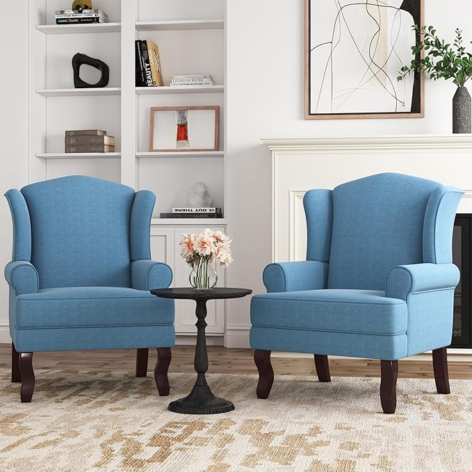 Accent Chair, High Back Upholstered Armchair with High Resilience Sponge & Wood Legs, Mid-Century Modern Comfy Single Sofa Reading Chairs for Living Room, Bedroom (Blue, Set of 2)-Ruum Studio Home