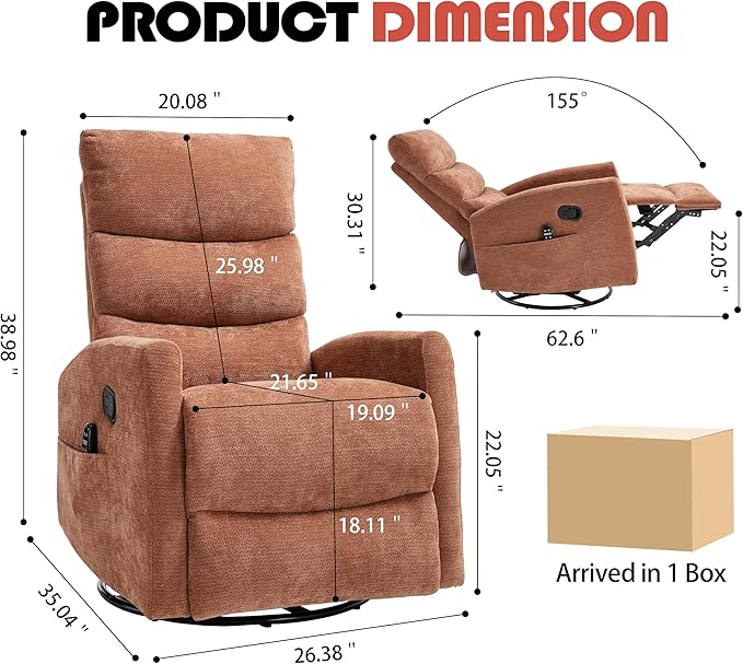 Manual Swivel Rocker Recliner Chair for Adults, Overstuffed Reclining Glider Chair for Nursing with Vibration Massage & Heat, Living Room Rocking Recliner 3-Stage backrest, Chenille Fabric Orange-Ruum Studio Home