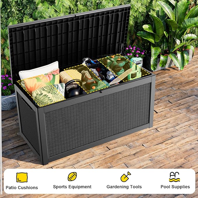 268 Gallon Outdoor Deck Box,Storage Lockable Waterproof Patio Furniture,Garden Tools,Cushions,Pool Accessories Outside Storage Resin Box(Black)-Ruum Studio Home