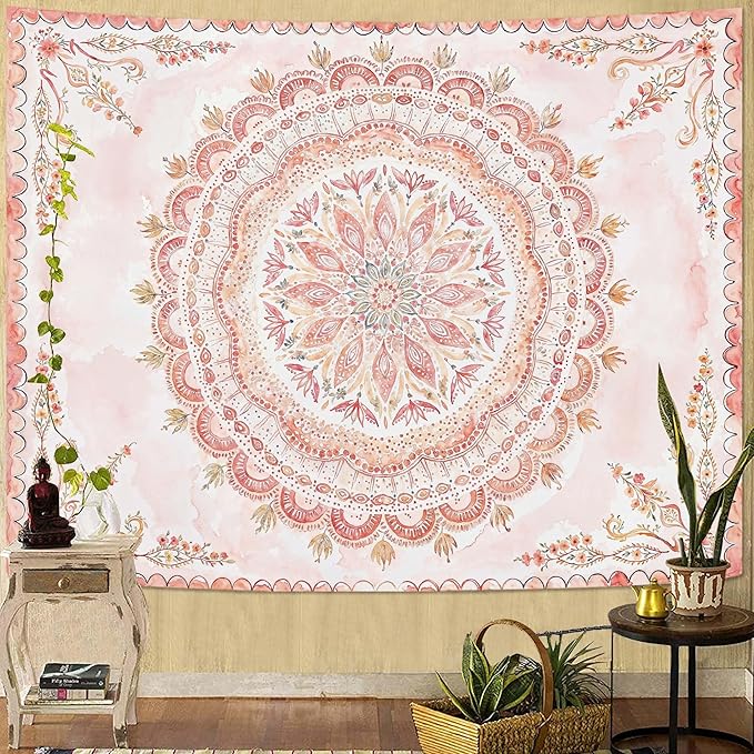 Fowocu Boho Floral Mandala Tapestry Wall Hanging Pink Bohemian Flower Medallion Tapestry Aesthetic Watercolor Hippie Indian Small Tapestries for Bedroom Living Room Dorm Decor 60 x 44 Inch-Ruum Studio Home