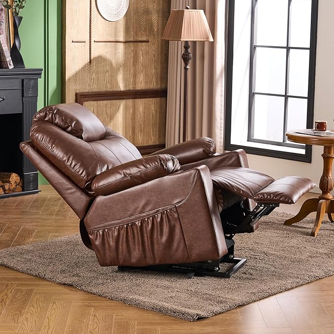 SALOHZA Power Lift Recliner Chair for Elderly with Massage and Heat for Living Room, Electric Recliner Chair for Adults with USB/Type C Port/Cup Holders, PU Faux Leather, Dark Brown-Ruum Studio Home