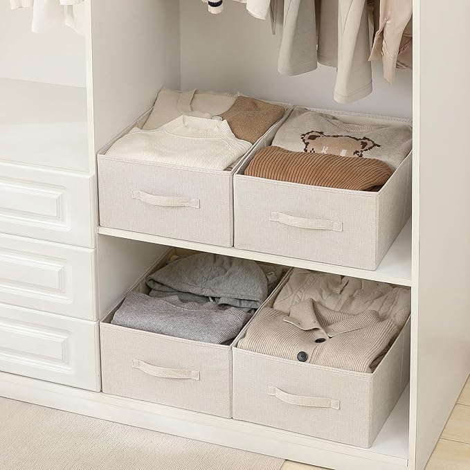 Linen Folding Storage Bins, 3 Pack Large Storage Baskets, Washable, Clothing Storage Bins with Handle, Closet Organizer for Storage Sweater,Sheets(Beige, 18½"x13½"x8½")-Ruum Studio Home
