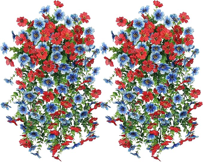 INSPRING Artificial Faux Hanging Flowers Plants for Spring Outdoor Outside Decoration, 2 PCS Fake Silk Daisy with Eucalyptus UV Resistant Realistic Trailing Vines for Balcony Patio Porch (BlueRed)-Ruum Studio Home