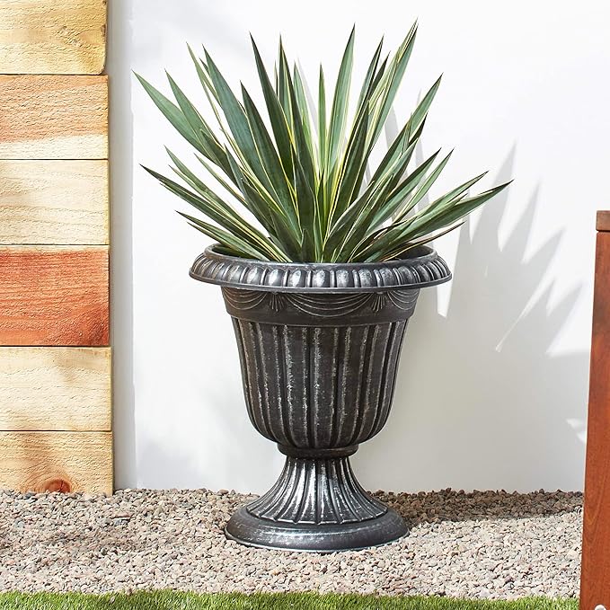 PL10SL Classic Traditional Plastic Urn Planter Indoor/Outdoor, 15" x 13", Brushed Silver-Ruum Studio Home