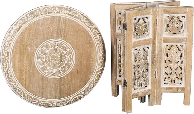 Lightnpro Hand Carved Solid Mango Wood Octagonal Accent Table - 18"×18" White Wash Farmhouse Vintage Home Décor Round End Table for Living Room, Bedroom, Entryway - Rustic Boho Side Table-Ruum Studio Home