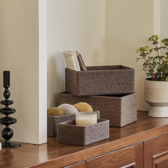 LA JOLIE MUSE Paper Rope Woven Storage Basket Set of 4 with Fabric Liner, Stackable Multipurpose Organizer Bin, Brown-Ruum Studio Home