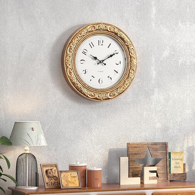 Menterry European Vintage Decorative Wall Clock, 12" Antique Gold Style, Battery Operated Wall Clocks for Kitchen, Bedroom, Farmhouse, Bathroom, Offices-Ruum Studio Home