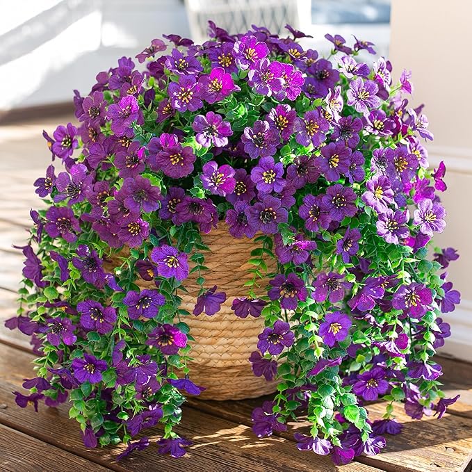 Artificial Faux Hanging Flowers Plants for Spring Outdoor Outside Decoration, 2 PCS Fake Silk Daisy with Eucalyptus UV Resistant Realistic Trailing Vines for Balcony Patio Porch (Dark Purple)-Ruum Studio Home