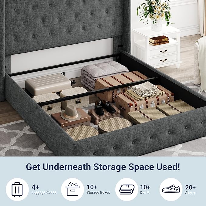 Allewie Queen Size Lift Up Storage Bed, Button Tufted Headboard with Wingback, Hydraulic Support, No Box Spring Needed, Dark Grey-Ruum Studio Home