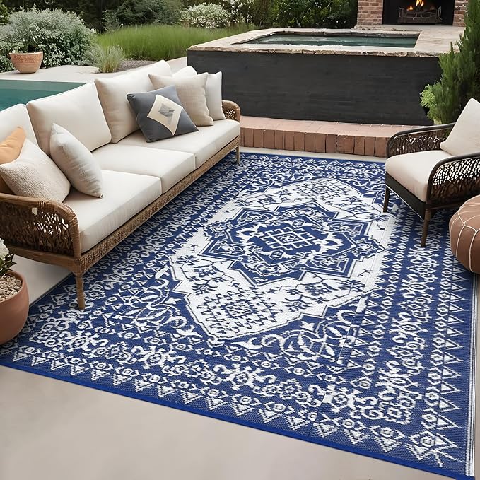 GAOMON Patio Rugs Outdoor 8x10 Waterproof Reversible Plastic Straw Rug, Large UV-Resistant Portable RV Camping Mats, Indoor Outdoor Medallion Carpet for Deck Porch Garden, Dark Blue & White-Ruum Studio Home
