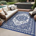 GAOMON Large Outdoor Plastic Straw Rug 10x14 Waterproof Patio Rug Reversible Foldable Portale Camping Mat with Stakes & Bag, Vintage Boho Outside Carpet for RV Garden Deck Porch, Navy-Ruum Studio Home