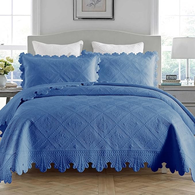 MarCielo 3-Piece 100% Cotton Oversized Bedspread Lightweight Quilt Coverlet Embroidery Farmhouse Bedding Set (Tk Midtone Blue, Oversized Queen (100"x106"))-Ruum Studio Home