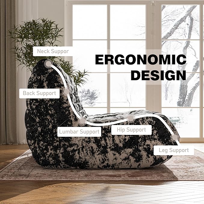 Bean Bag Chair, Loveseat Fireside Chair Bean Bag Sofa Large Bean Bag Chair for Adults, 2 Seater Bean Bag Chairs for Teens with High Density Comfortable Foam, Bean Bag for Living Room (Black Pattern)-Ruum Studio Home