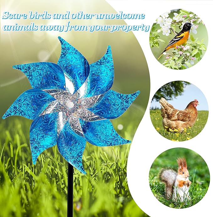 Hausse 10 Pack Reflective Pinwheels with Stakes, Extra Sparkly Pin Wheel for Garden Decor, Bird Repellent Devices Deterrent to Scare Birds Away from Yard Patio Farm, Blue-Ruum Studio Home
