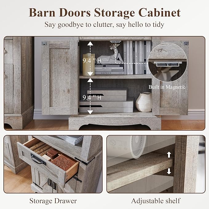 RedLemon Bookshelf with Storage Cabinet, 72" Tall Farmhouse Bookcase with Adjustable Shelves and Barn Door, 4 Tier Office Wood Bookshelf with Drawer for Office Library Living Room (Light Rustic Oak)-Ruum Studio Home