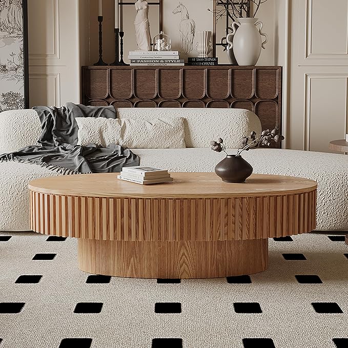 47.2''Oval Coffee Table with Storage, Mid Century Modern Drum Center Tables with Lid Fluted Solid Wood Side Coffee Table Pedestal Tea Table for Living Room, Bedroom, Apartmen-Natural-Ruum Studio Home