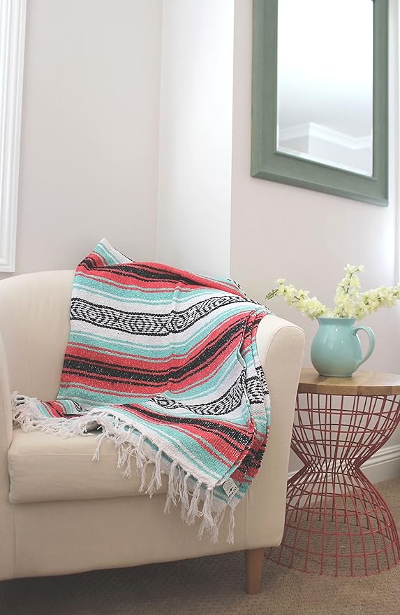 Del Mex Classic Mexican Blanket, Large Authentic Woven Falsa Throw (70"x50"), Artisan Southwest Décor for Beach, Yoga, Outdoors (Pink/Mint)-Ruum Studio Home