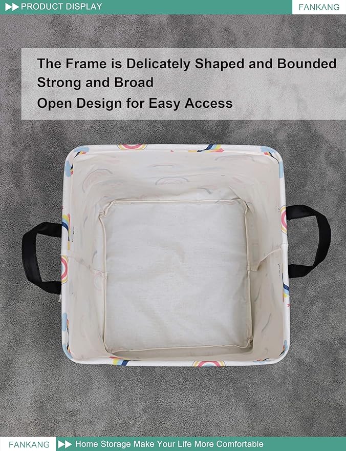 FANKANG Square Nursery Hamper Storage Bins Canvas Laundry Basket Foldable with Waterproof PE Coating Storage Baskets Gift Baskets for Children, Office, Bedroom, Clothes（Square-Love Rainbow ）-Ruum Studio Home