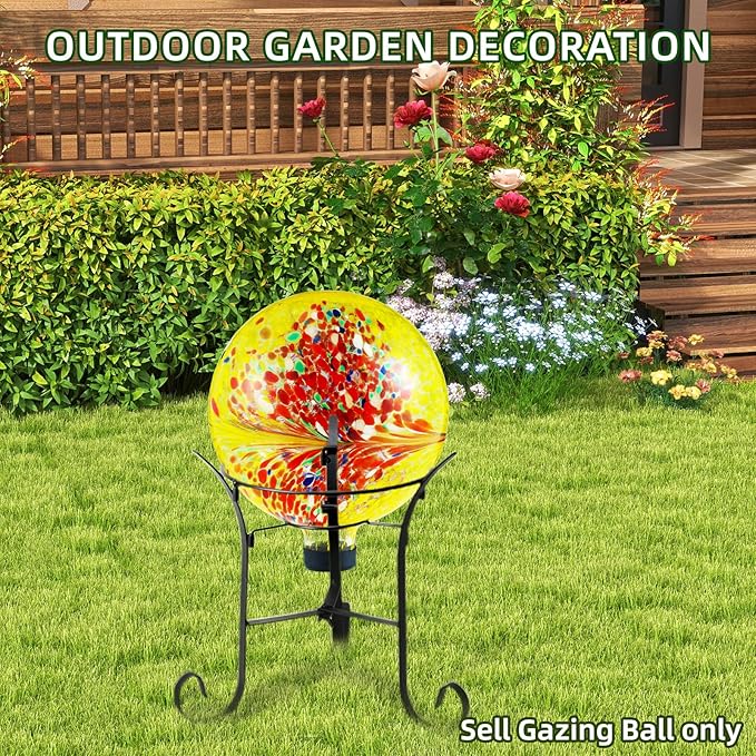 VOREEN 10-Inch Glass Gazing Ball, Outdoor Gazing Globe, Reflective Ball Yard Decoration for Homes, Patio, Lawn and Gardens, Gift for Mom Wife Friend, Phoenix Tail Design, Yellow-Ruum Studio Home