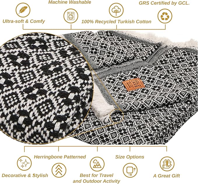 Gold Case Throw Blanket for Couch - 100% Recycled Turkish Cotton Blankets & Throws - Retro Soft Throw Blankets for Living Room Sofa - Boho Decorative Woven Throws for Couch - 60x80 - Black-Ruum Studio Home