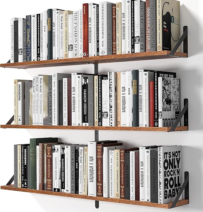 Heimlove Floating Shelves for Wall, 36 Inch Long Wood Floating Bookshelf Set of 3, Wall Mounted Hanging Shelf for Bathroom Bedroom Kitchen, Rustic Brown-Ruum Studio Home