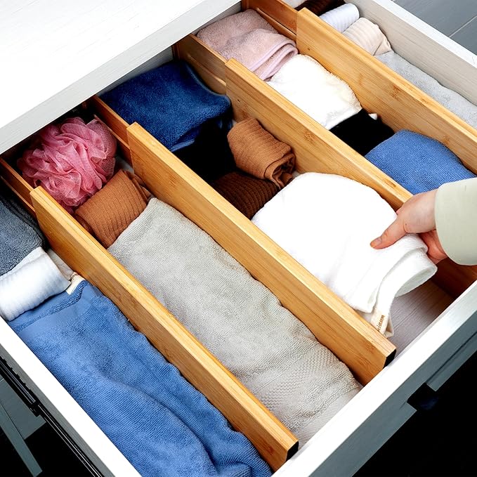 Utoplike Bamboo Drawer Dividers Large(Fits 18.6"-20.6" Drawer Inner Size, Height > 4.05"), Adjustable Kitchen Drawer Organizers for Clothing, Spring Loaded, 4 pcs-Ruum Studio Home