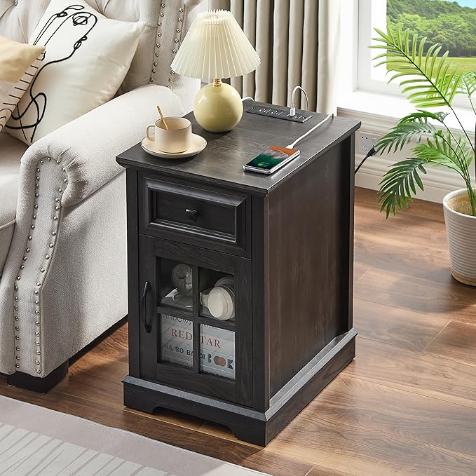 Farmhouse XXL End Table with Charging Station, Side Table with USB Ports and Outlets, Nightstand with Drawer and Glass Door Storage, Grey Bedside Tables for Living Room, Bedroom, Office-Ruum Studio Home